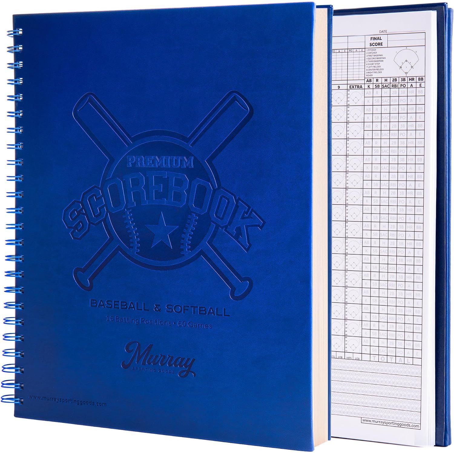 Shows the core scorebook clearly so shoppers can see its blue embossed cover, spiral binding, and sturdy construction. It reassures buyers they are getting a complete, ready-to-use scorebook for…