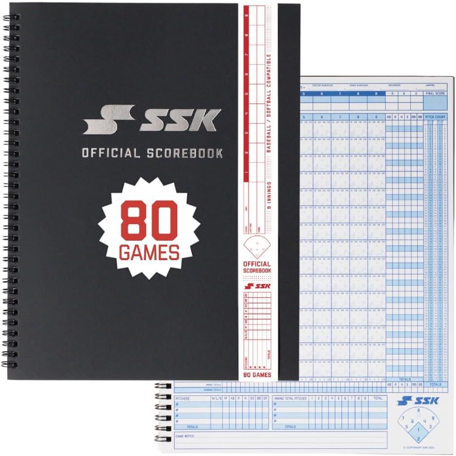 Shows the core SSK official scorebook clearly so shoppers know exactly what they are buying. The 80 Games badge signals capacity for a full season of scoring. The dark cover and subtle shadow give…
