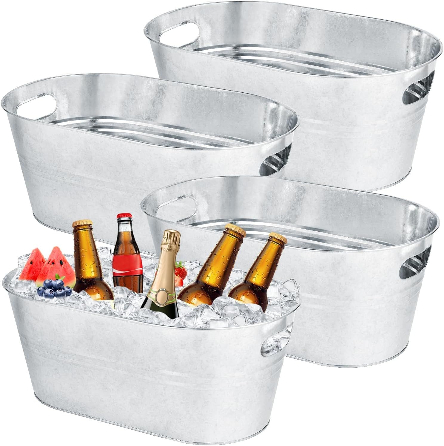 Shows three galvanized metal oval tubs as the core sellable set, confirming the multi-pack quantity and the clean silver finish shoppers receive. Displays the tub filled with ice, bottles, and fruit…