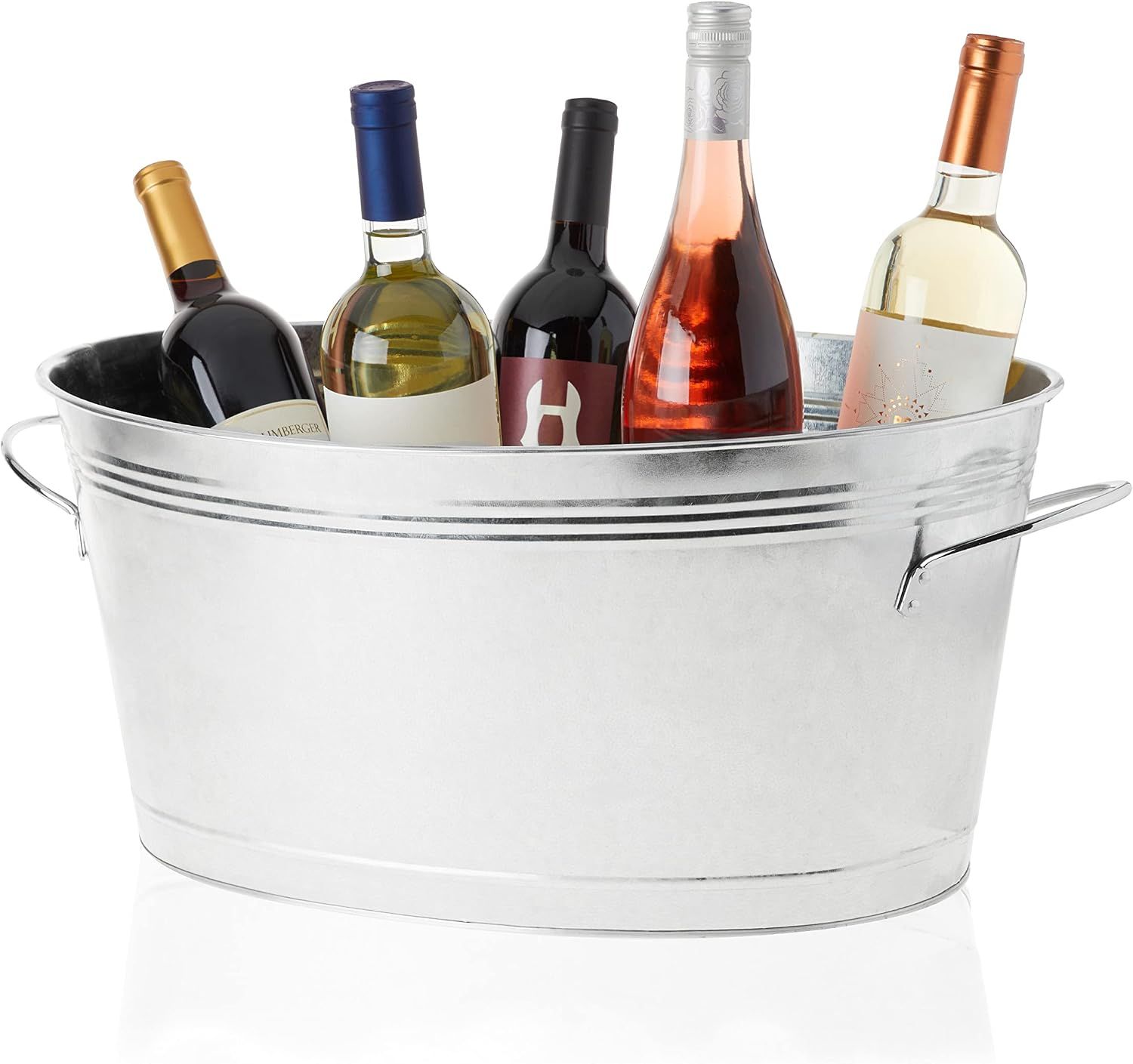 Shows the galvanized oval tub as the core item with handles visible so shoppers understand its size and style for holding drinks. Displays wine bottles inside the tub to suggest how it works as a…