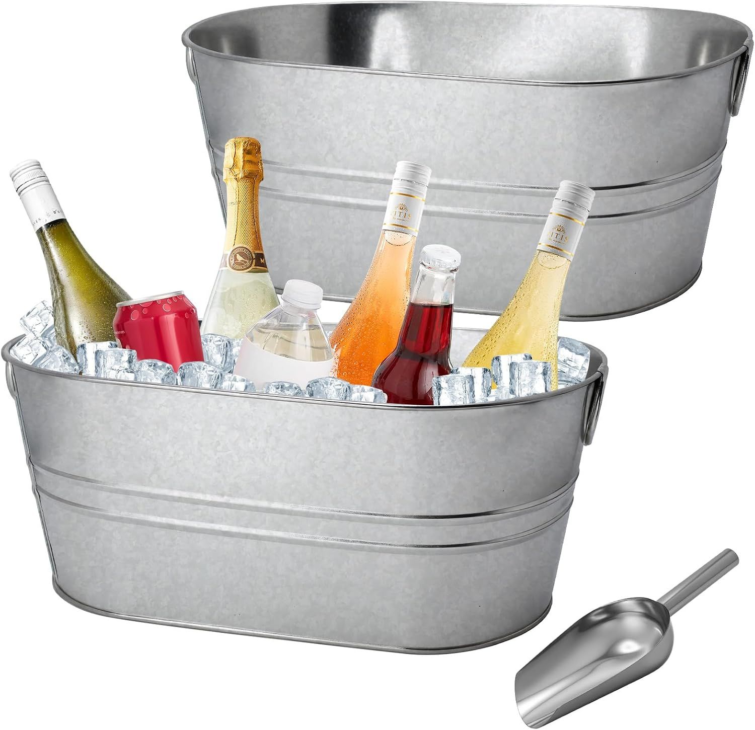 Shows the two galvanized metal tubs as the core sellable item, with a clear view of their oval shape and sturdy build. Shows the included metal ice scoop so shoppers know a serving tool comes with…