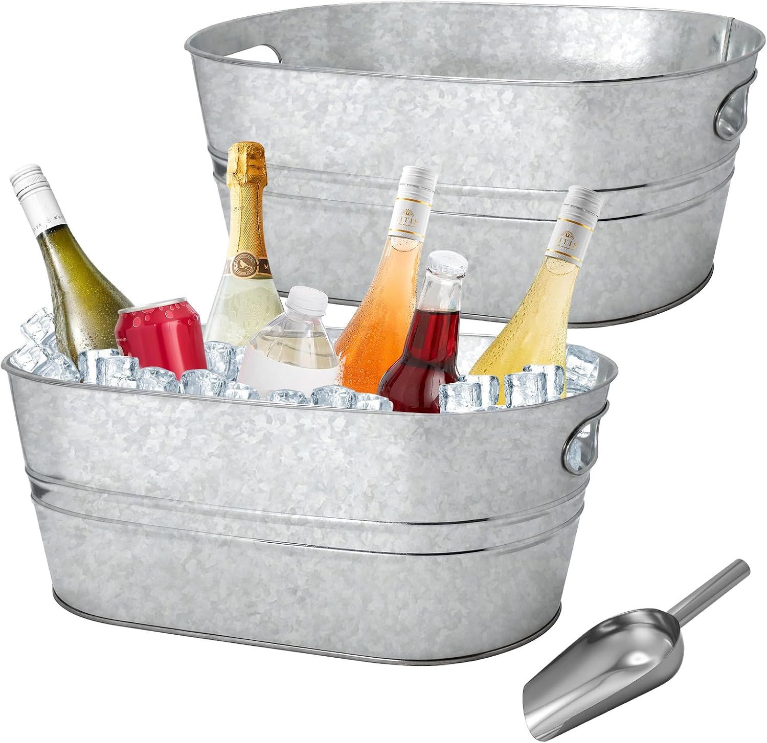 Shows the galvanized metal beverage tubs as the core sellable items, including the two-tub set, so shoppers see the product clearly on a clean view. Shows the included metal ice scoop as a bonus…