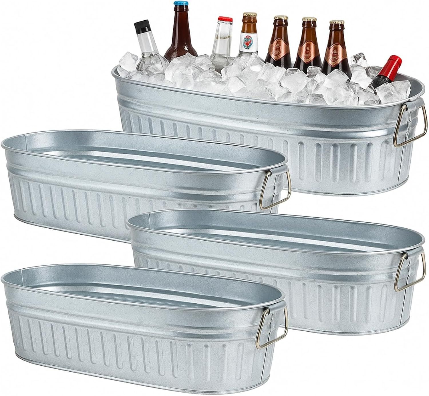 Shows the four galvanized oval tubs that are the core sellable set, with the top tub filled with ice and bottles to illustrate beverage serving use. Suggests a casual party or outdoor entertaining…