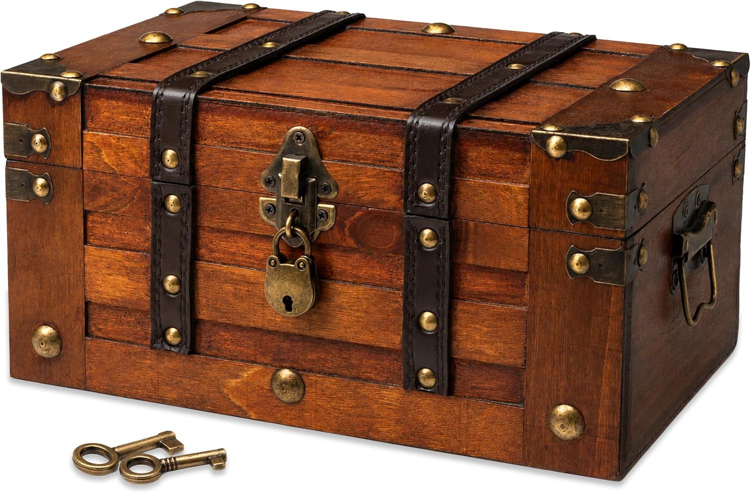 Shows the wooden treasure chest clearly with its vintage styling and brass hardware so shoppers can see the core item and its included keys. Shows the included keys and padlock that come with the…
