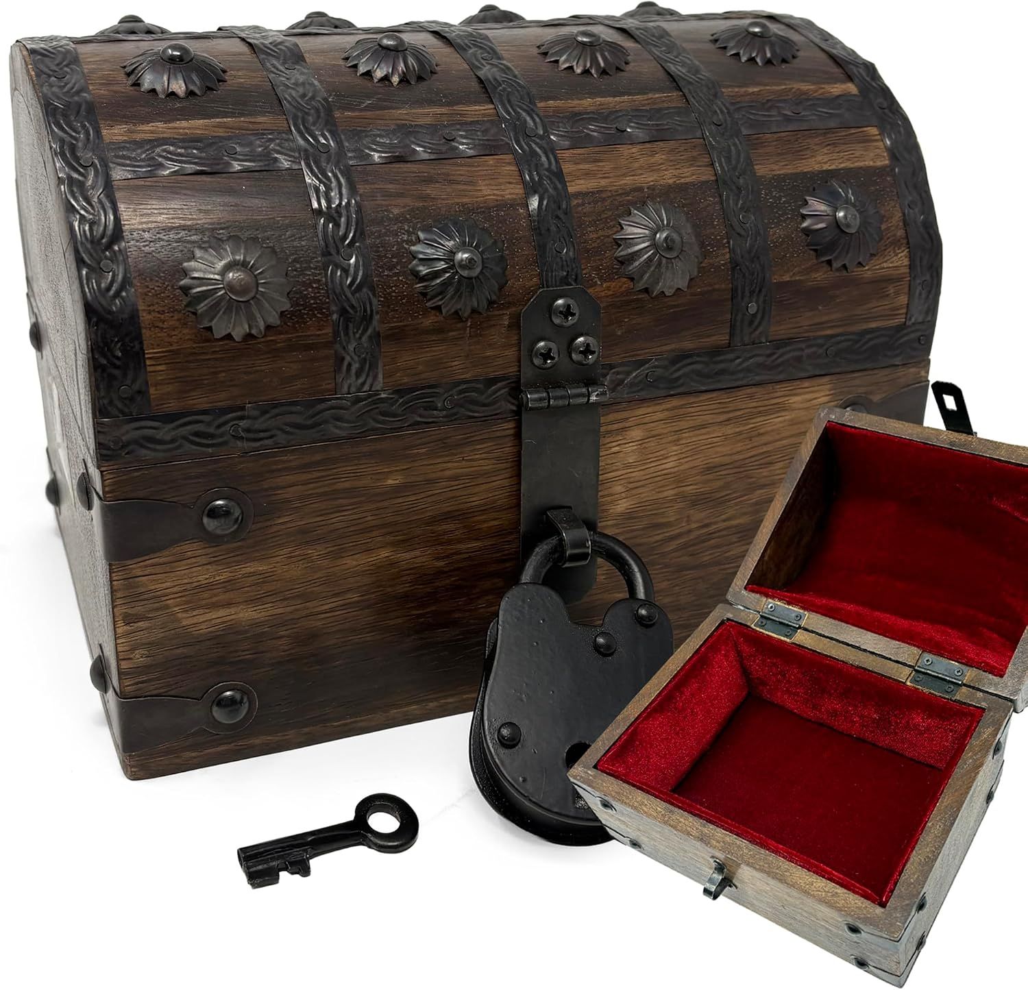 Shows the core treasure chest clearly so the shopper can see its wood construction, dome lid, and decorative hardware. Shows the included padlock, key, and small velvet-lined box that come with the…
