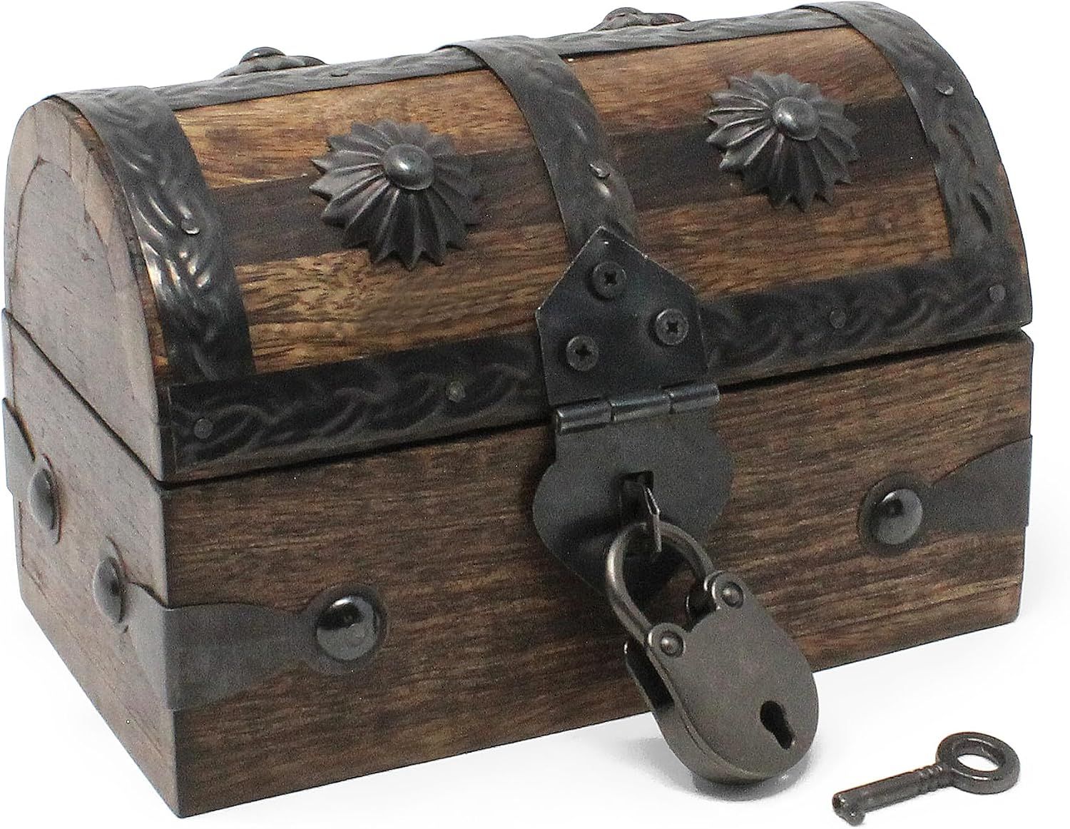Shows the wooden treasure chest with its padlock and key so shoppers can see the core item and included lock set clearly. Presents the chest with a soft grounded look that adds visual weight and a…