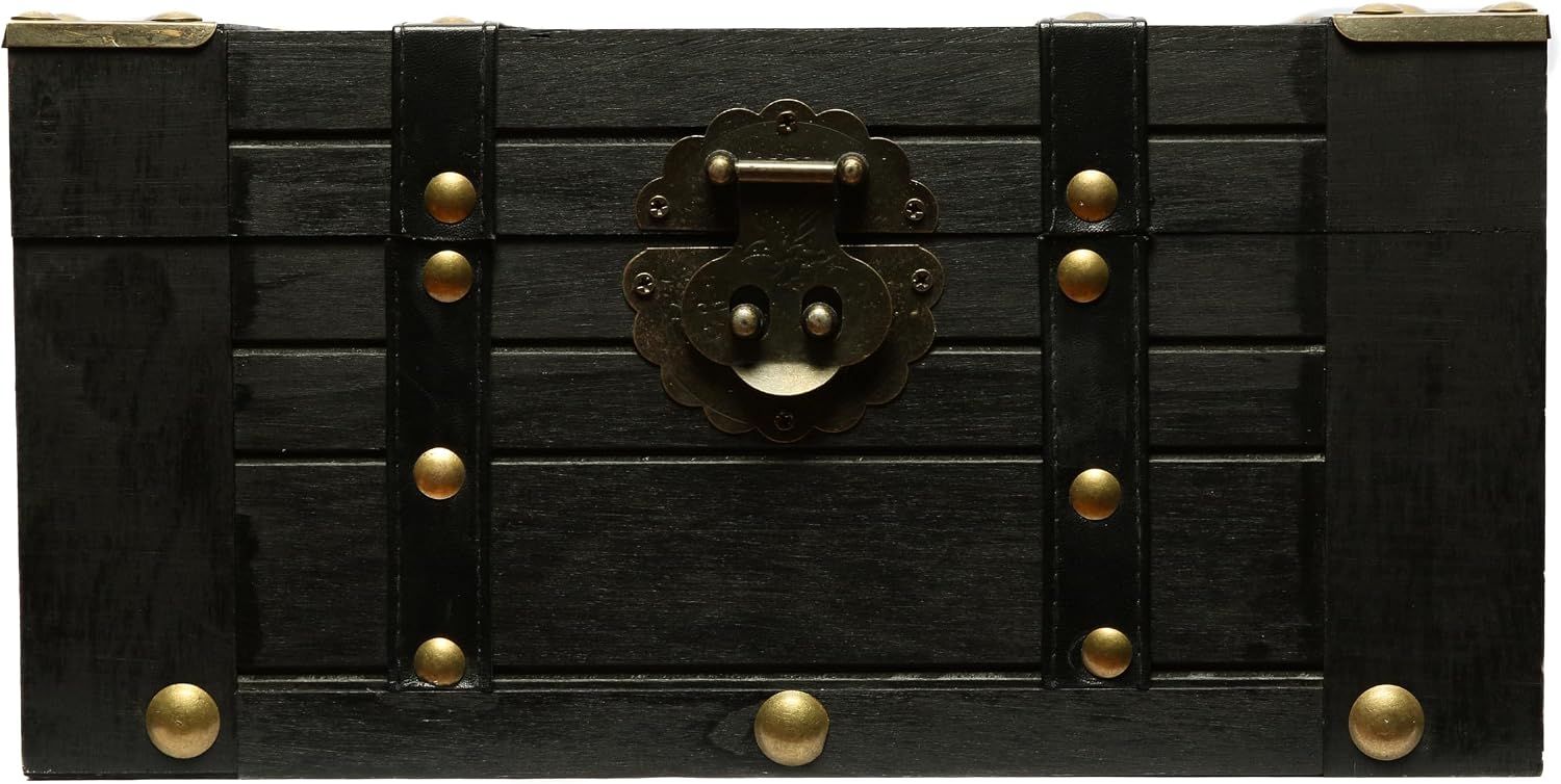 Shows the core wooden treasure chest clearly on a clean background so shoppers can see its shape, slats, and hardware details. Presents the chest with a neutral catalog look that keeps the focus on…