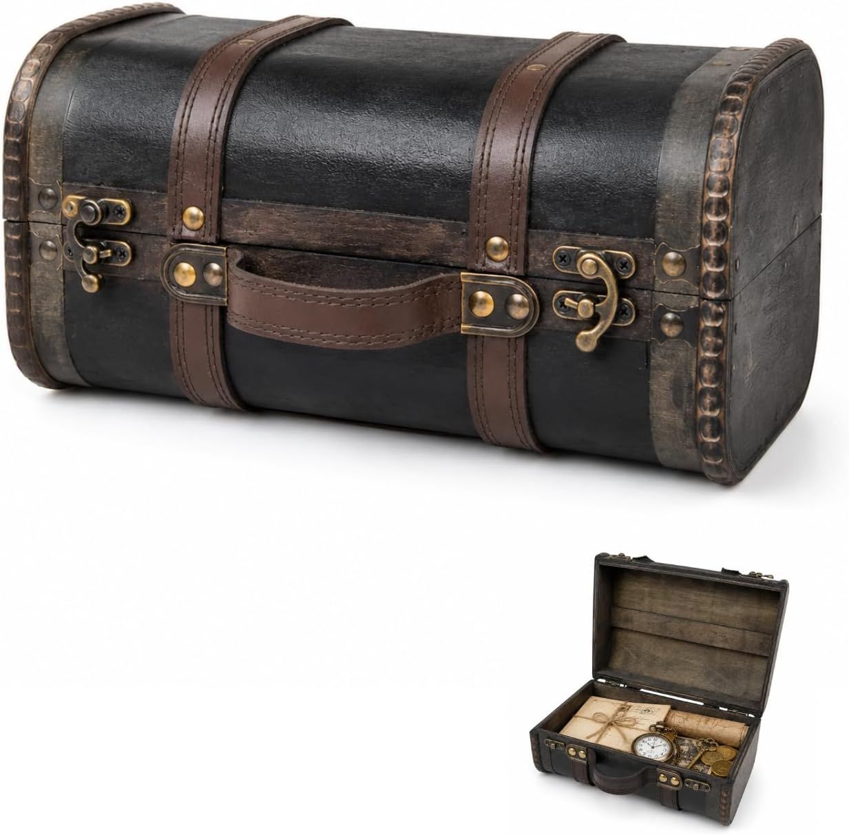 Shows the core decorative trunk clearly so shoppers can see its vintage styling and sturdy build. Shows the open trunk with a pocket watch and scroll inside to suggest the storage and display…