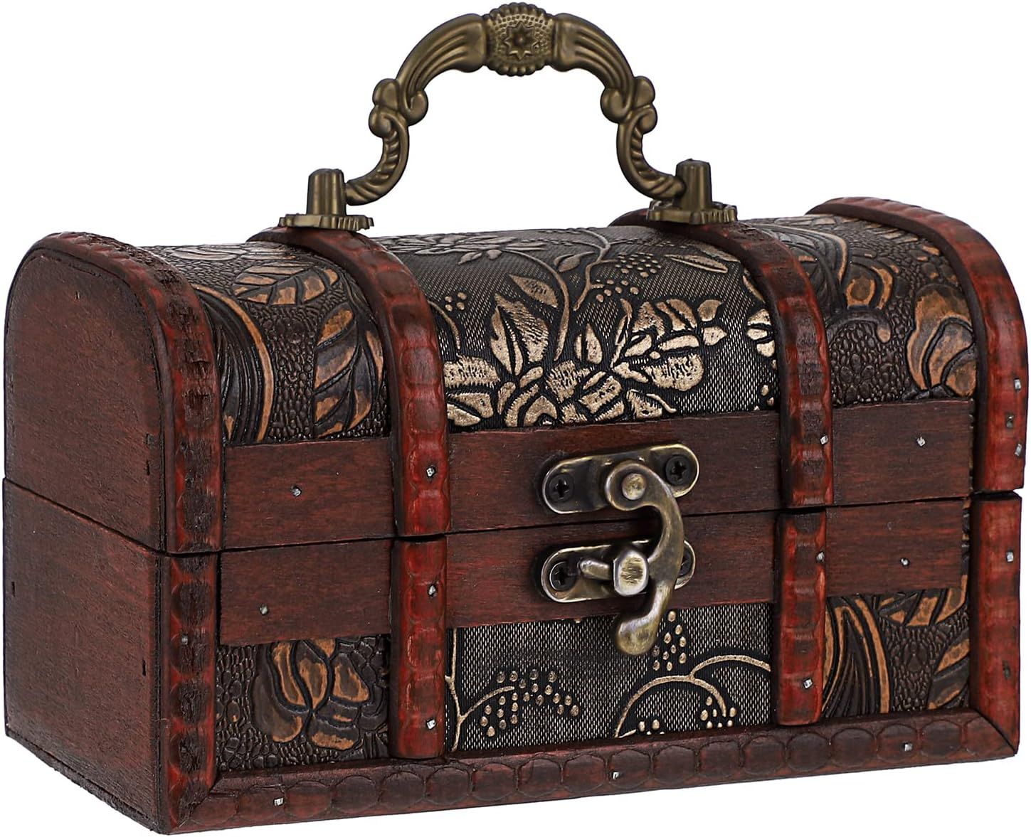 Shows the core wooden treasure chest box clearly so shoppers can see its shape, handle, and antique styling. Grounds the chest with a subtle shadow so it looks solid and realistic against the clean…