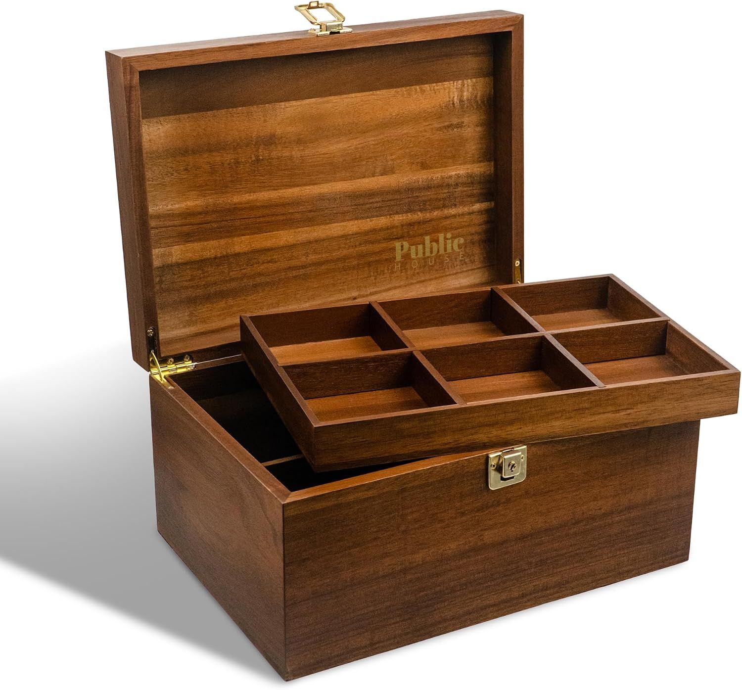 Shows the wooden storage box with its open lid and removable divided tray so shoppers can see the core item and its organization features. The soft drop shadow grounds the box on a clean background…