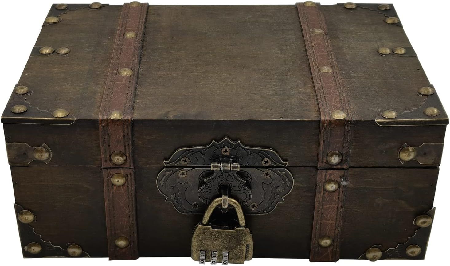 Shows the wooden keepsake box as the core item with its aged finish, brass studs, and combination padlock so shoppers can see its build and vintage look. Presents the box on a plain light background…