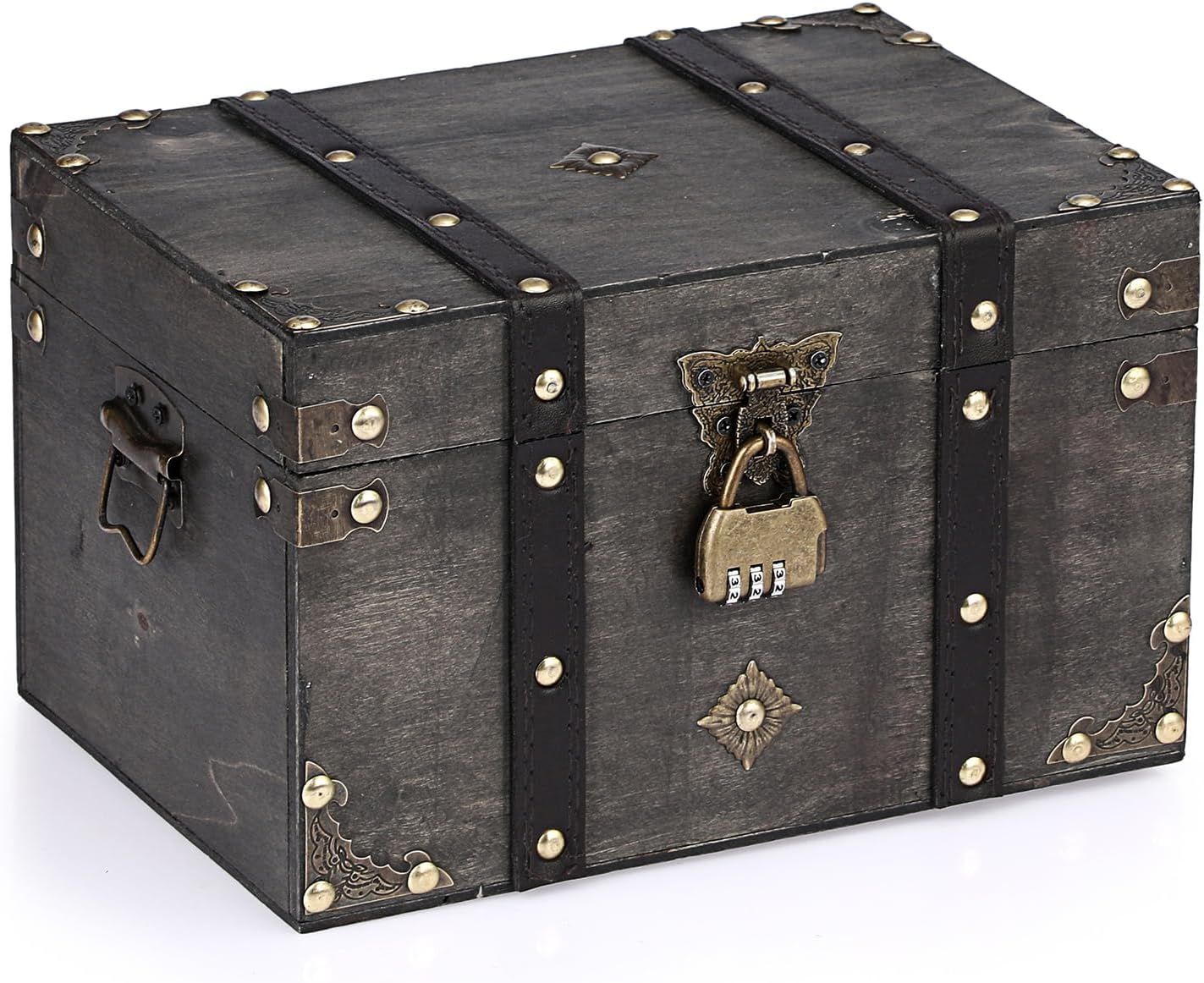 Shows the core wooden trunk clearly on a white background so shoppers can see its vintage styling, metal hardware, and build. A faint drop shadow grounds the chest so it looks solid and realistic…