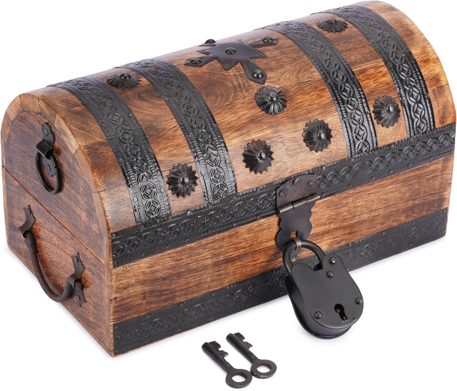 Shows the core wooden treasure chest clearly so shoppers can see its shape, wood grain, and metal detailing. Shows the included padlock and two keys so shoppers know the lock and keys come with the…