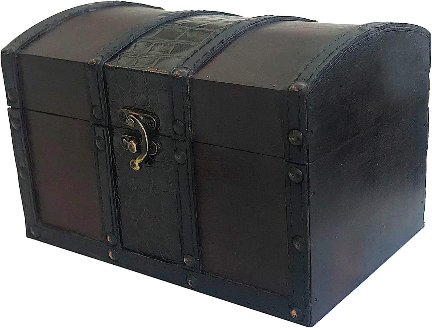 Shows the core treasure chest clearly so shoppers can see its dome lid, faux crocodile leather accents, and antique brass latch. Grounds the chest with a subtle shadow on a light background, giving…