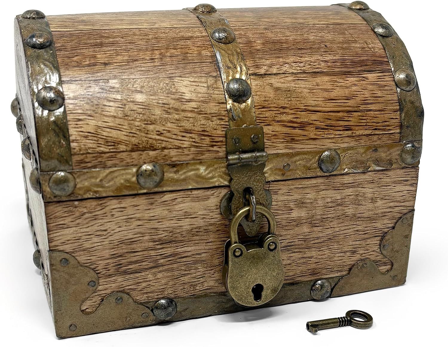 Shows the wooden treasure chest clearly with its brass hardware and padlock so shoppers can see the core item's look and build quality. Shows the small brass key included with the chest, reassuring…