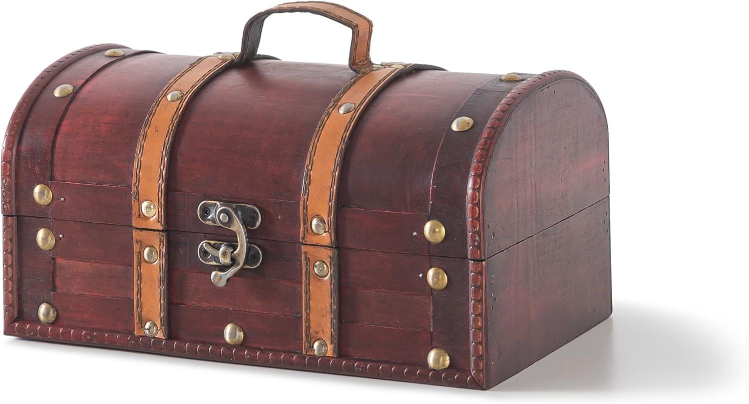 Shows the core wooden treasure chest clearly on a clean background so shoppers can see its vintage pirate-style design and sturdy construction. The subtle drop shadow grounds the chest visually and…