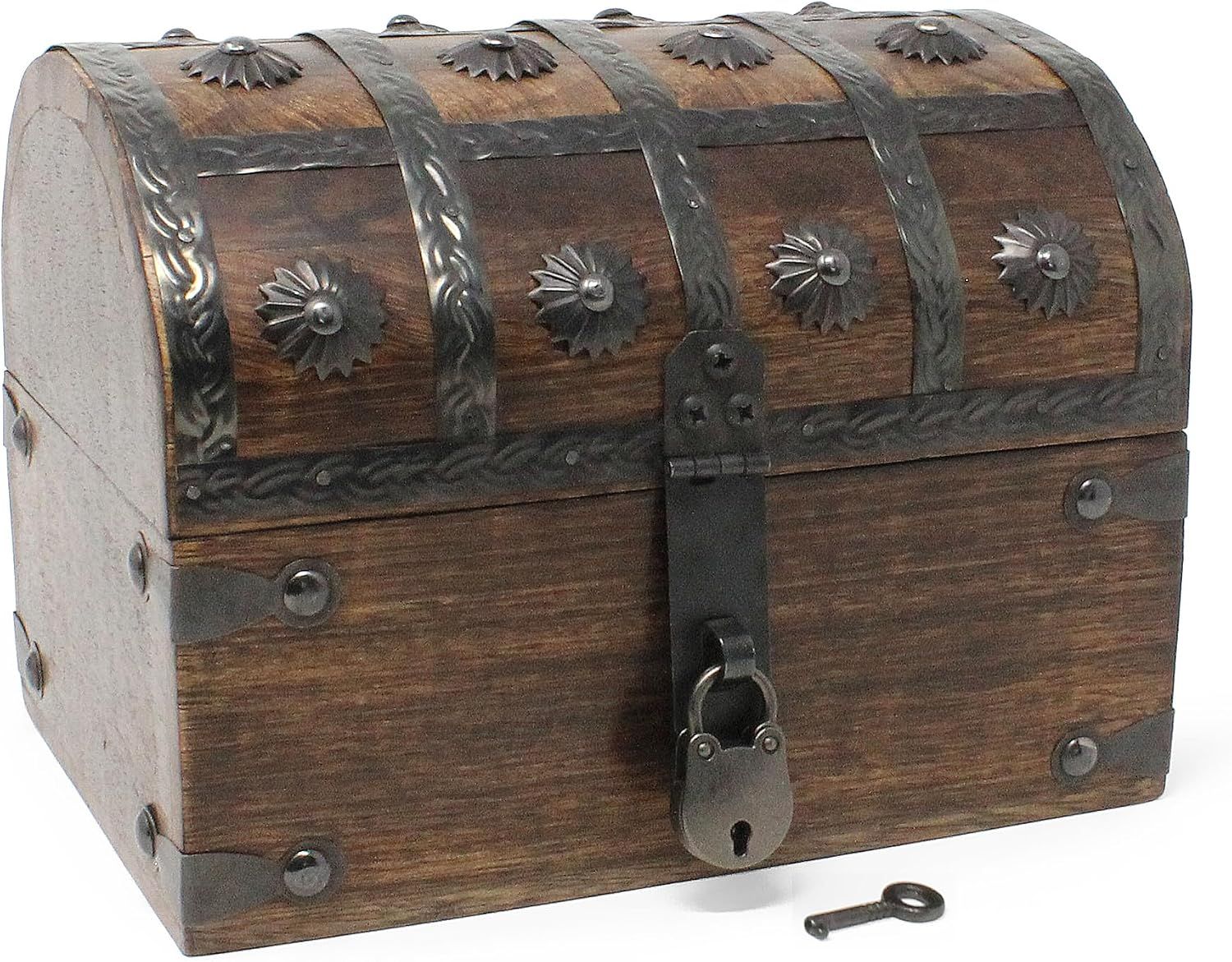 Shows the core wooden treasure chest with its dome lid, metal straps and studs so shoppers can see its vintage pirate style and build quality. Shows the included antique-style key and padlock that…