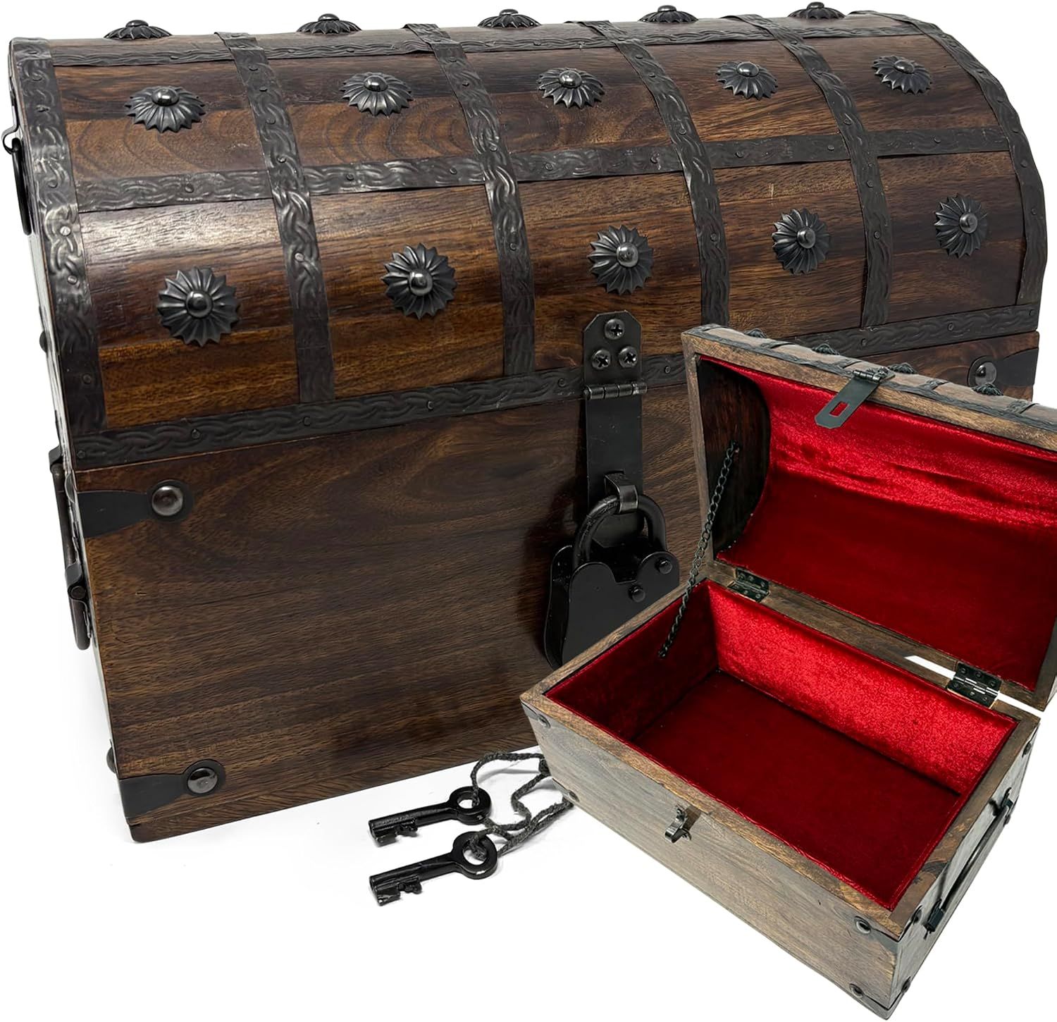 Nautical Cove Wooden Treasure Chest with Padded Velvet Lining and Antique Lock with…: Main Images