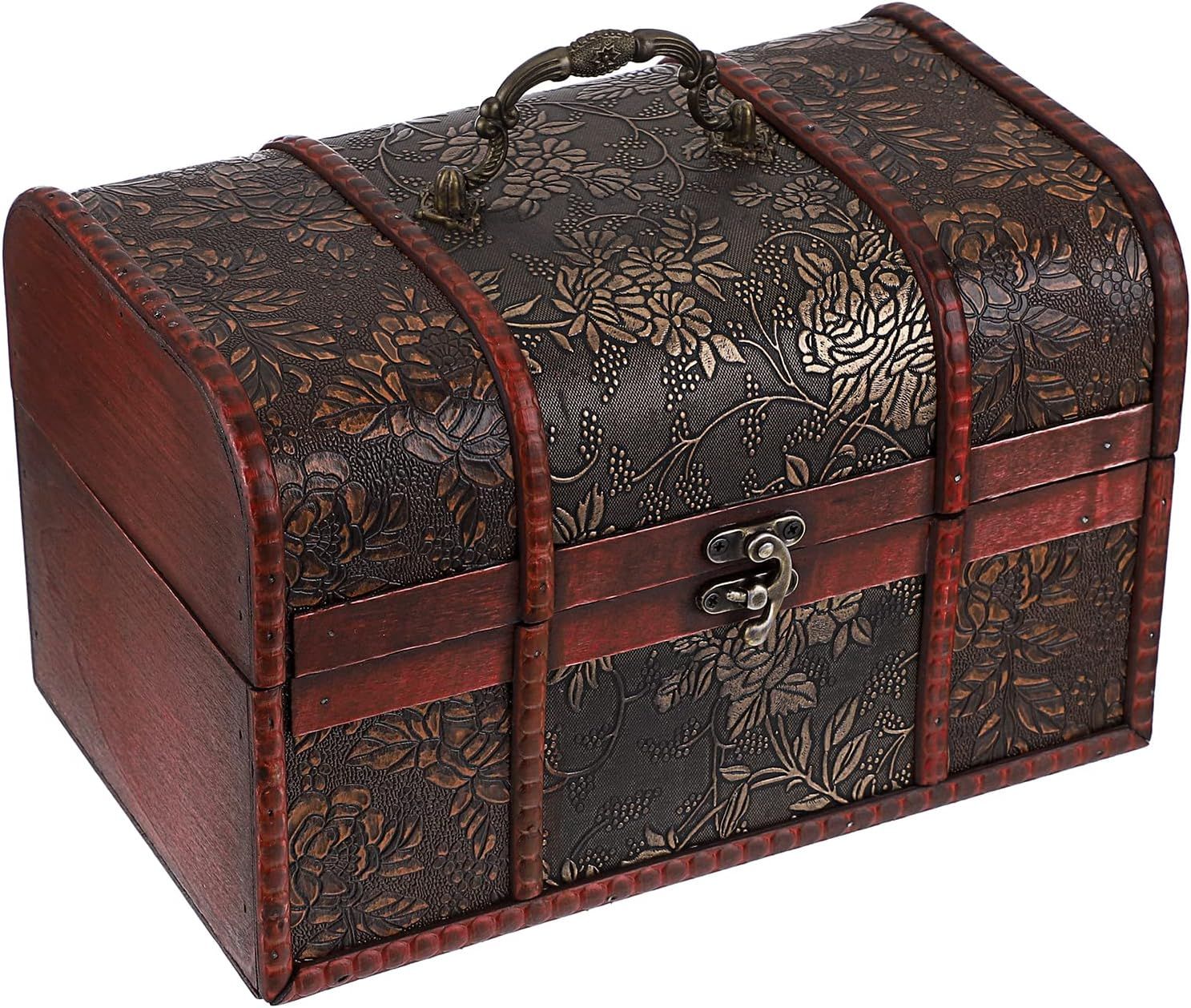 Shows the decorative wooden treasure chest as the core product with its embossed floral finish and vintage brass handle and latch to convey an authentic antique style storage piece. Presents the…