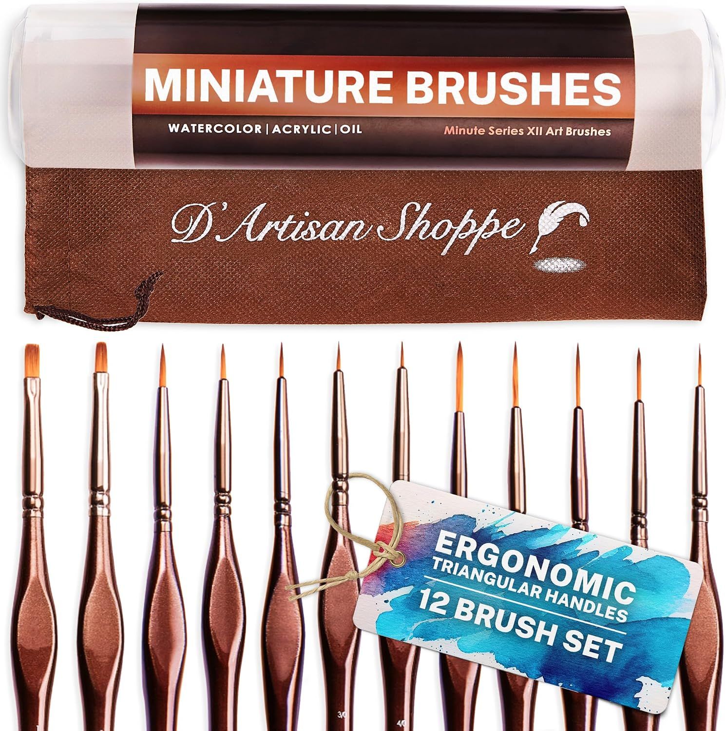 Shows the full 12-piece miniature brush set laid out so shoppers can see the included brushes and their fine tips. Reassures buyers they get a complete set for detailed painting. Shows the included…