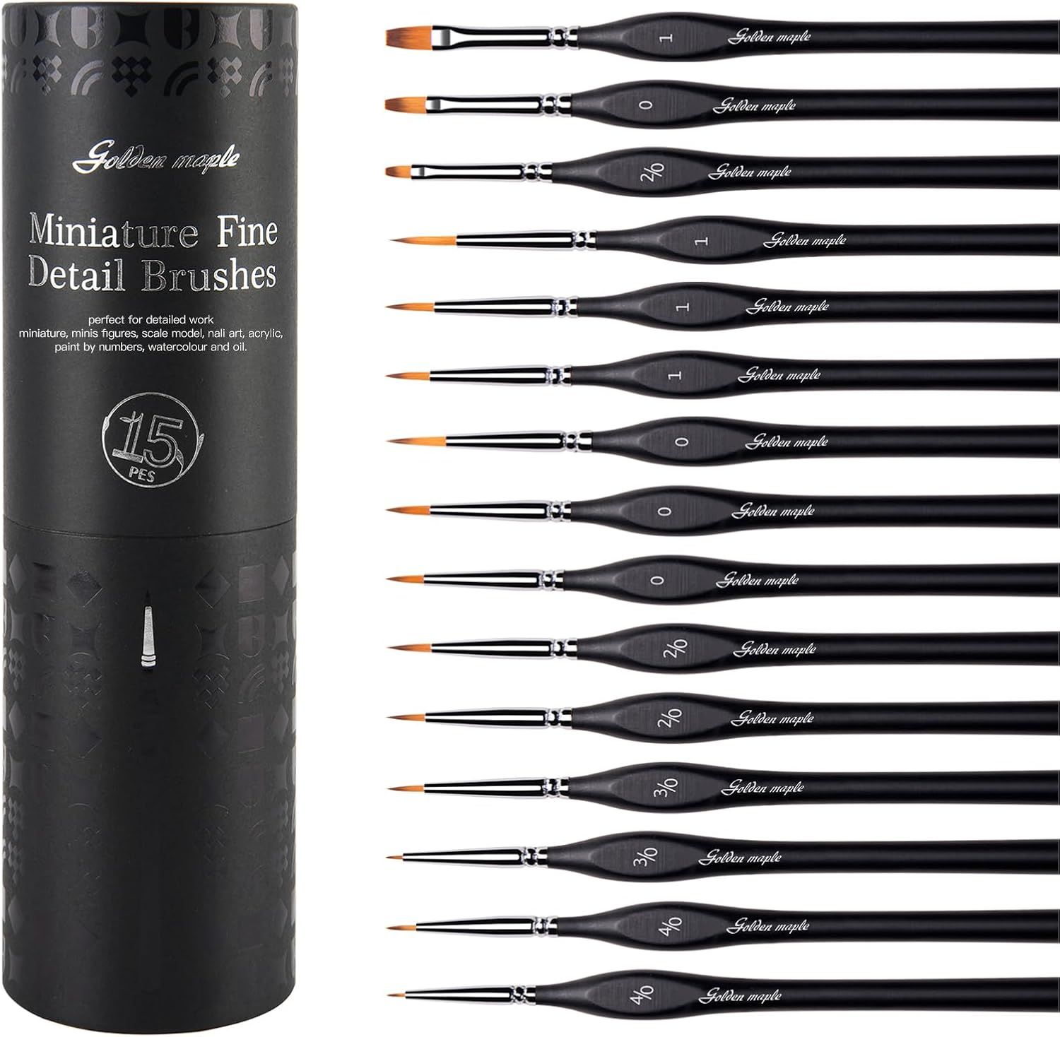 Shows the full set of 15 fine detail brushes laid out side by side so shoppers can see the included sizes and tip shapes. Shows the black cylindrical storage tube the brushes come in, reassuring…