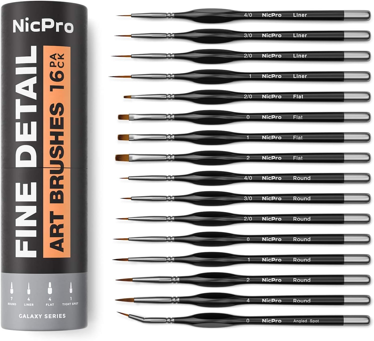 Shows the full 16-piece set of fine detail brushes laid out so shoppers can see every size and shape included in the purchase. Shows the included cylindrical storage tube so buyers see the brushes…
