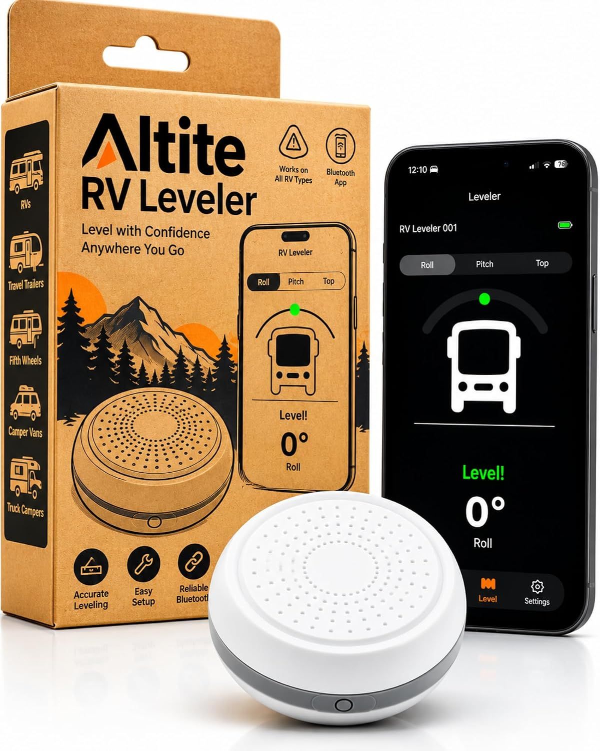 Shows the white RV leveler sensor as the core sellable item so shoppers can see exactly what they receive. Displays the branded kraft retail box beside the device to reassure buyers of a complete,…