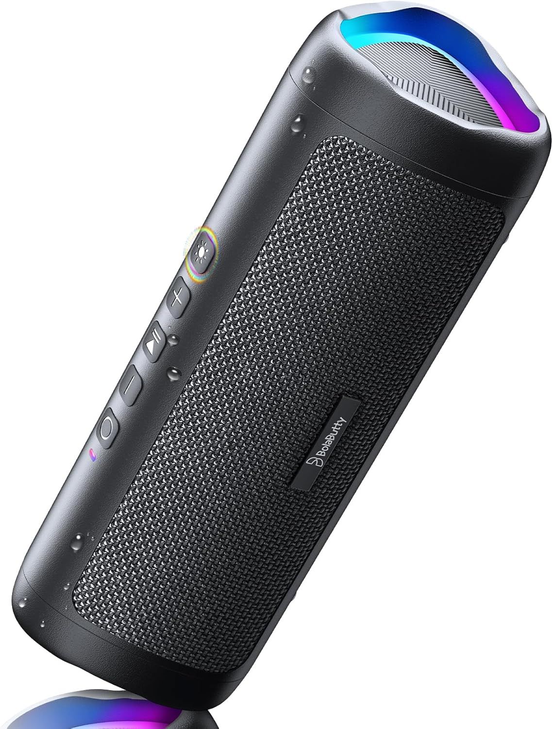 Shows the core speaker prominently so shoppers can see its rugged black fabric build and compact cylindrical design. The water droplets suggest it is built to handle moisture. Uses a dark gradient…