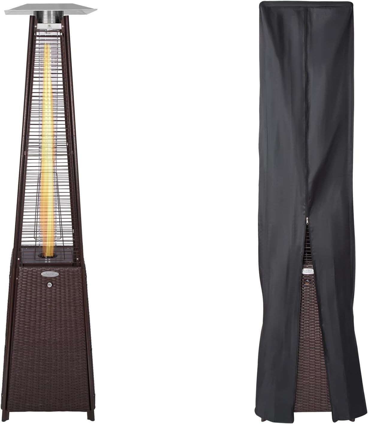 Shows the core patio heater standing upright with its flame lit so shoppers can see the design and heating style. Reassures buyers of the heater's outdoor-ready build. Shows the included weather…