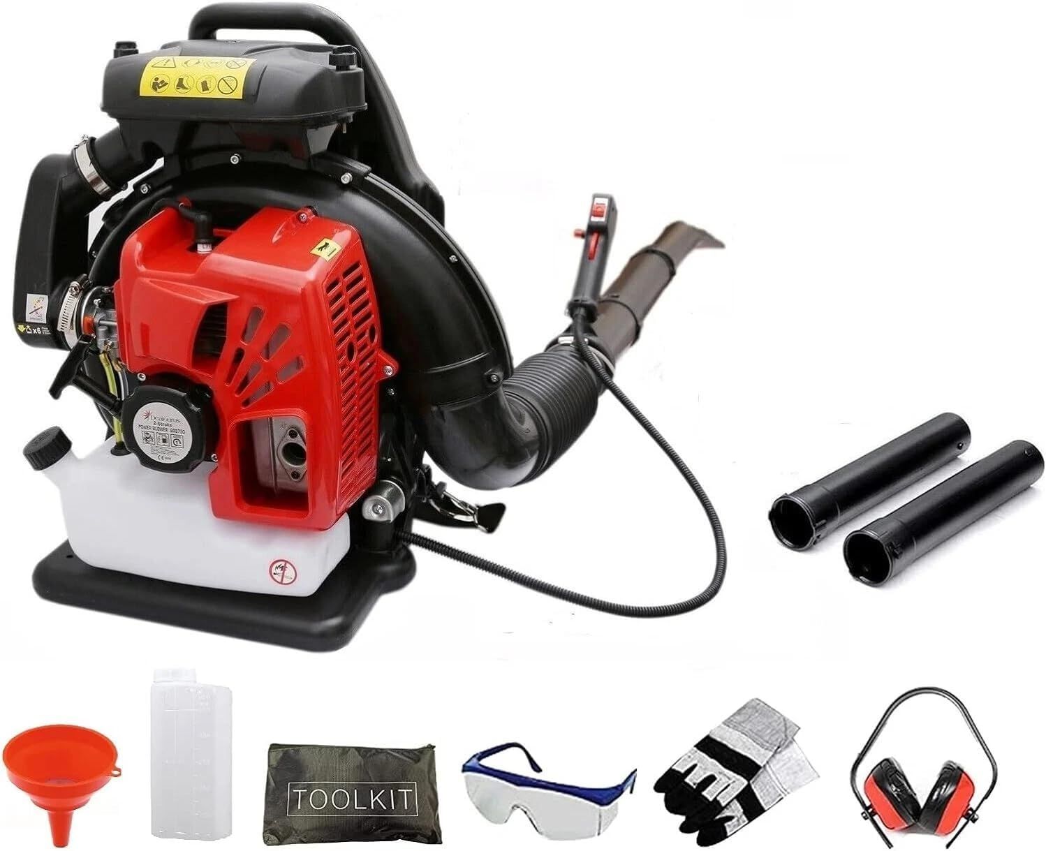 Shows the core backpack leaf blower clearly so shoppers can see its design and build. It reassures buyers of the main item they are purchasing. Displays the included extension tubes, fuel…