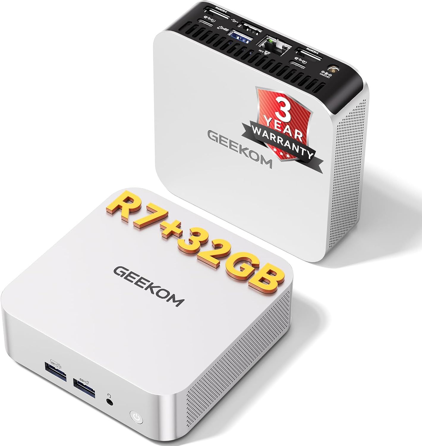 Shows the GEEKOM mini PC as the core sellable item from two angles so shoppers can see its compact size and port layout. The R7 and 32GB callout signals the configuration. Overlay graphics reassure…
