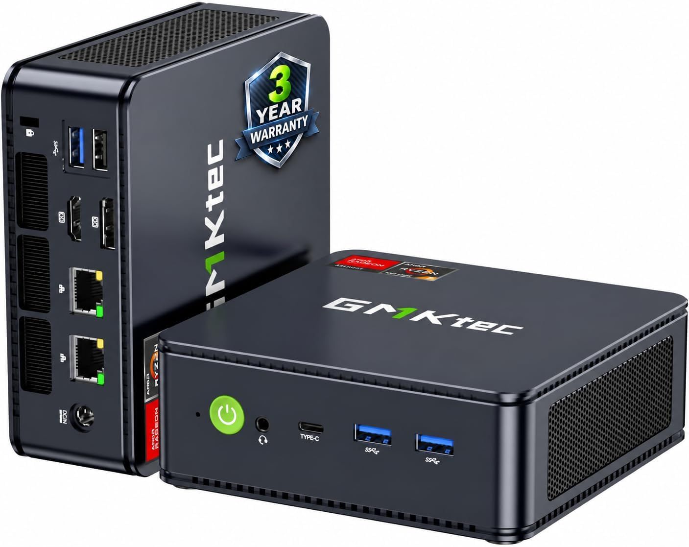 Shows the core GMKtec mini PC clearly on a white catalog background so shoppers can see its compact form and ports. Highlights the 3 year warranty badge on the product to reassure buyers about long…