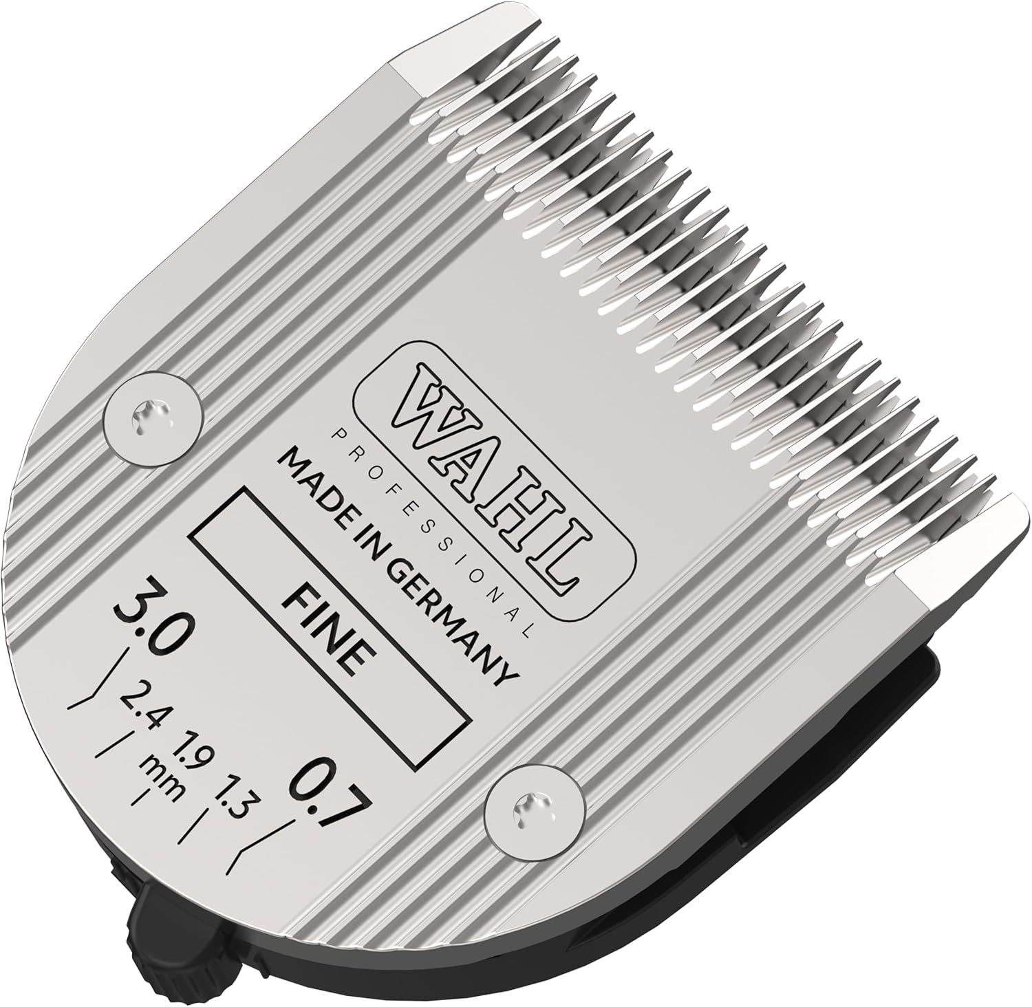 Shows the core clipper blade up close so the shopper can confirm its design, fine cutting teeth, and German-made quality. Uses a soft shadow beneath the blade to ground it and give it visual weight…