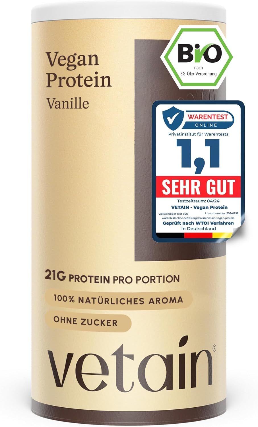 Shows the physical protein tub the buyer receives so they can confirm the product name, flavor, and packaging format before purchase. Uses a soft shadow and clean backdrop to ground the container…