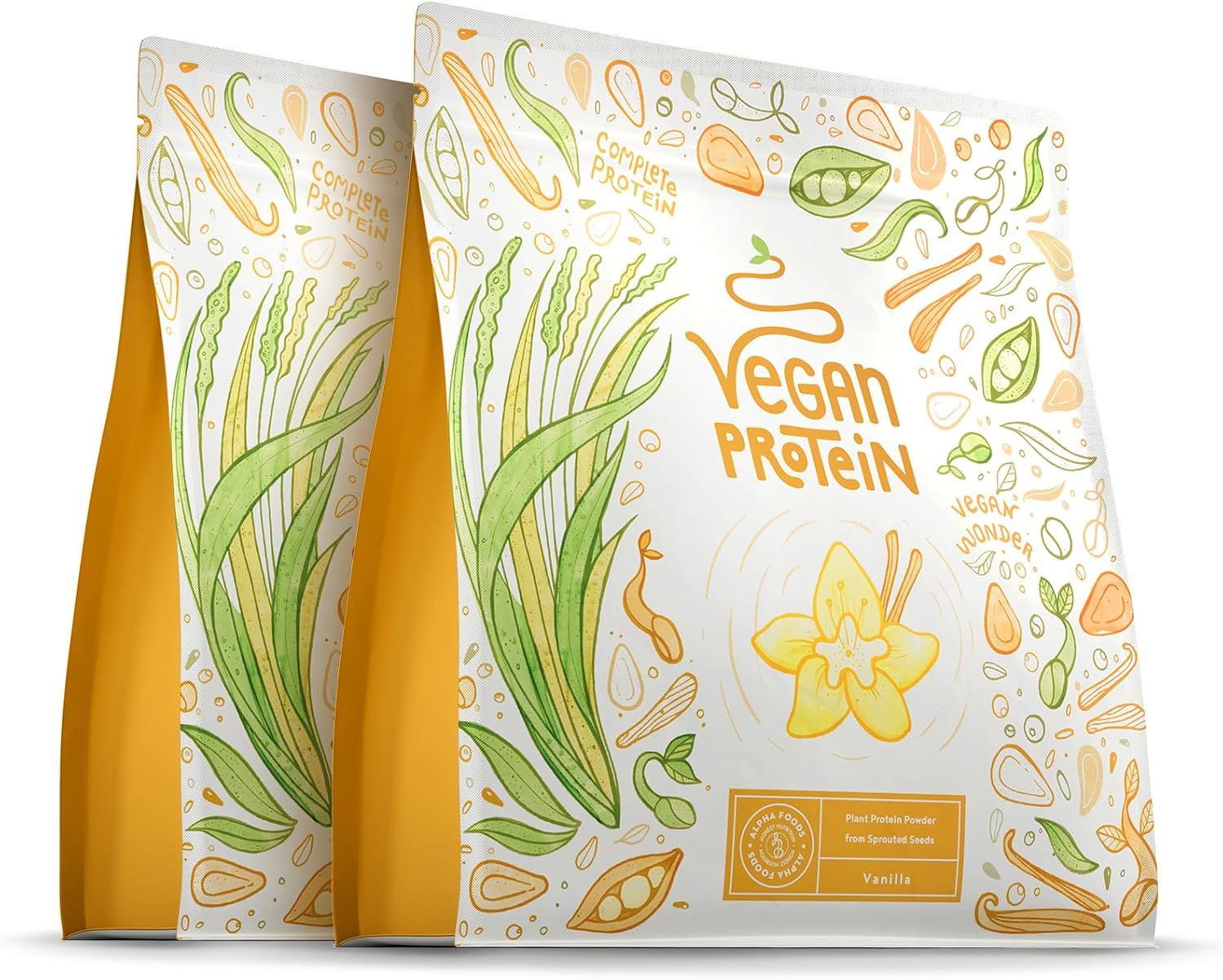 Shows the vegan protein powder pouch clearly so shoppers can see the product and its plant-based branding. Shows the actual retail pouch with its vanilla label, reassuring buyers of the real…