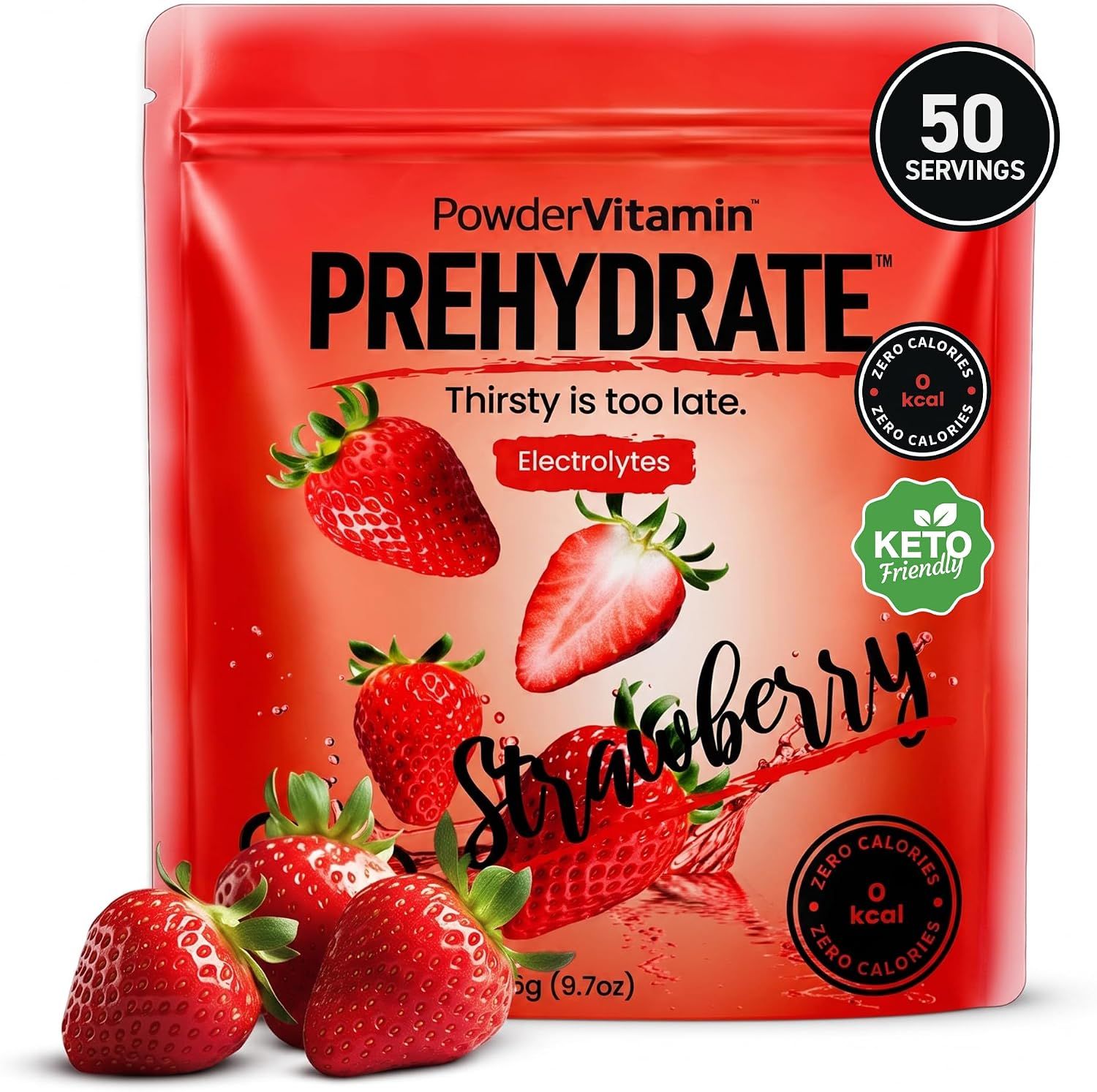 Shows the core electrolyte powder pouch as the main sellable item so shoppers know exactly what they are buying. Uses a bold red gradient background to make the pouch stand out and reinforce the…