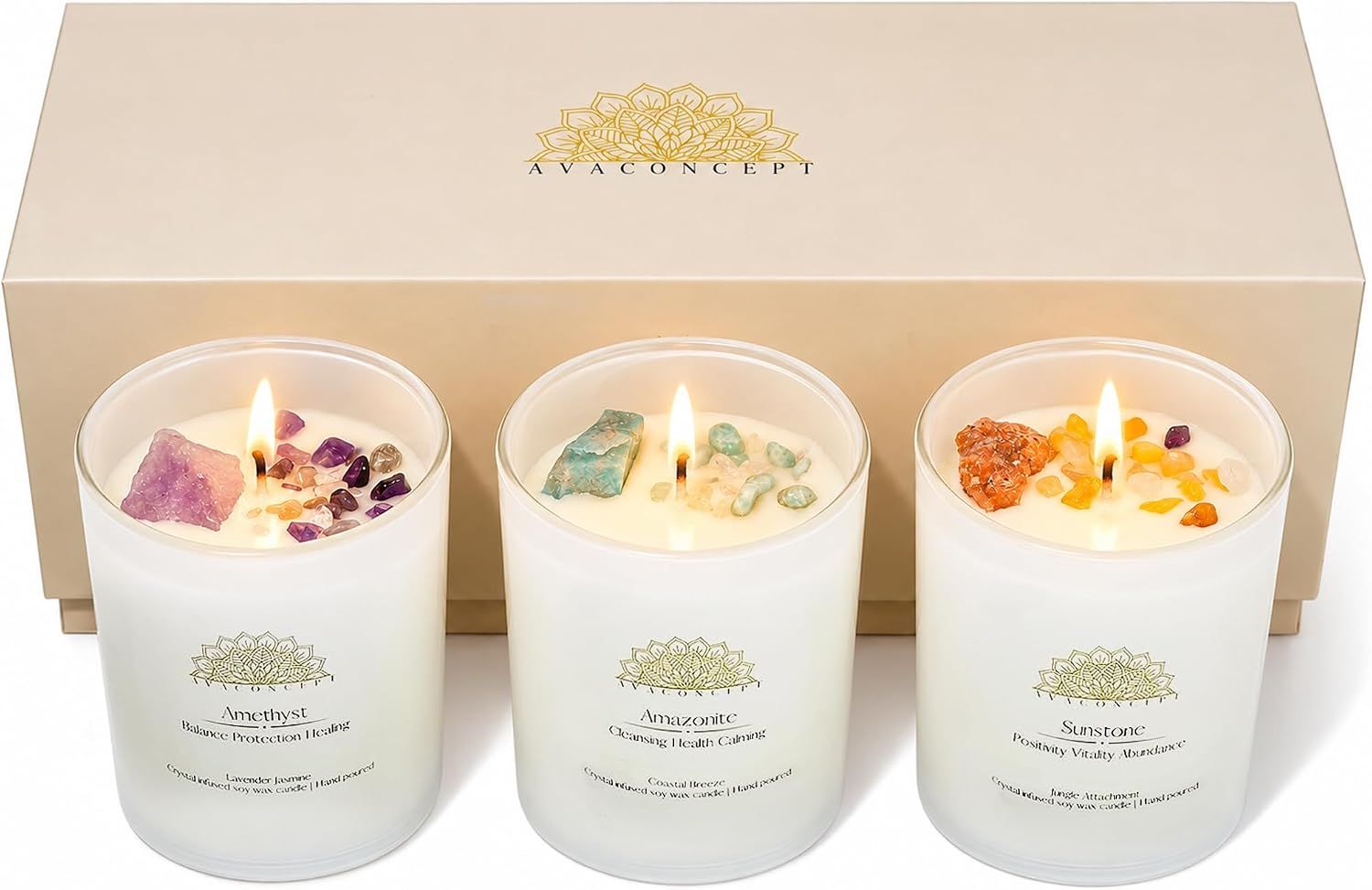 Shows the core three-candle set clearly so shoppers know exactly what they receive in the gift set. Shows the beige branded gift box behind the candles, signaling a ready-to-give presentation.