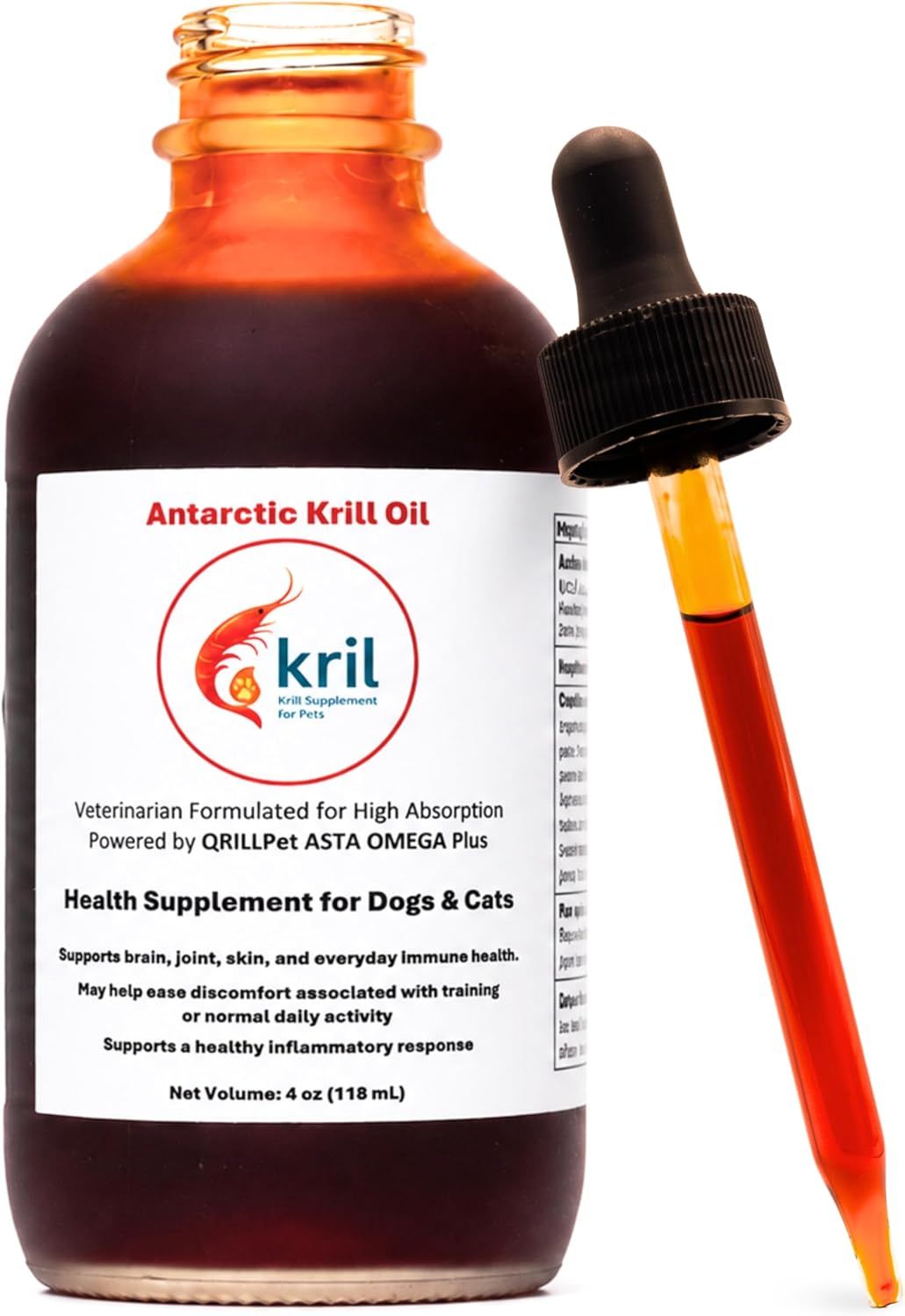 Shows the core krill oil supplement bottle so shoppers can see the actual item they are buying. Shows the included dropper used to measure and dispense the oil, signaling easy daily dosing.