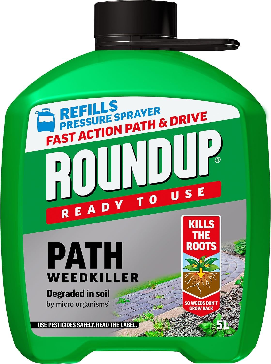 Shows the core 5L ready to use weedkiller bottle so the shopper knows exactly what is being sold. Places the product within a garden path scene to show where it is used and reassure the buyer it…
