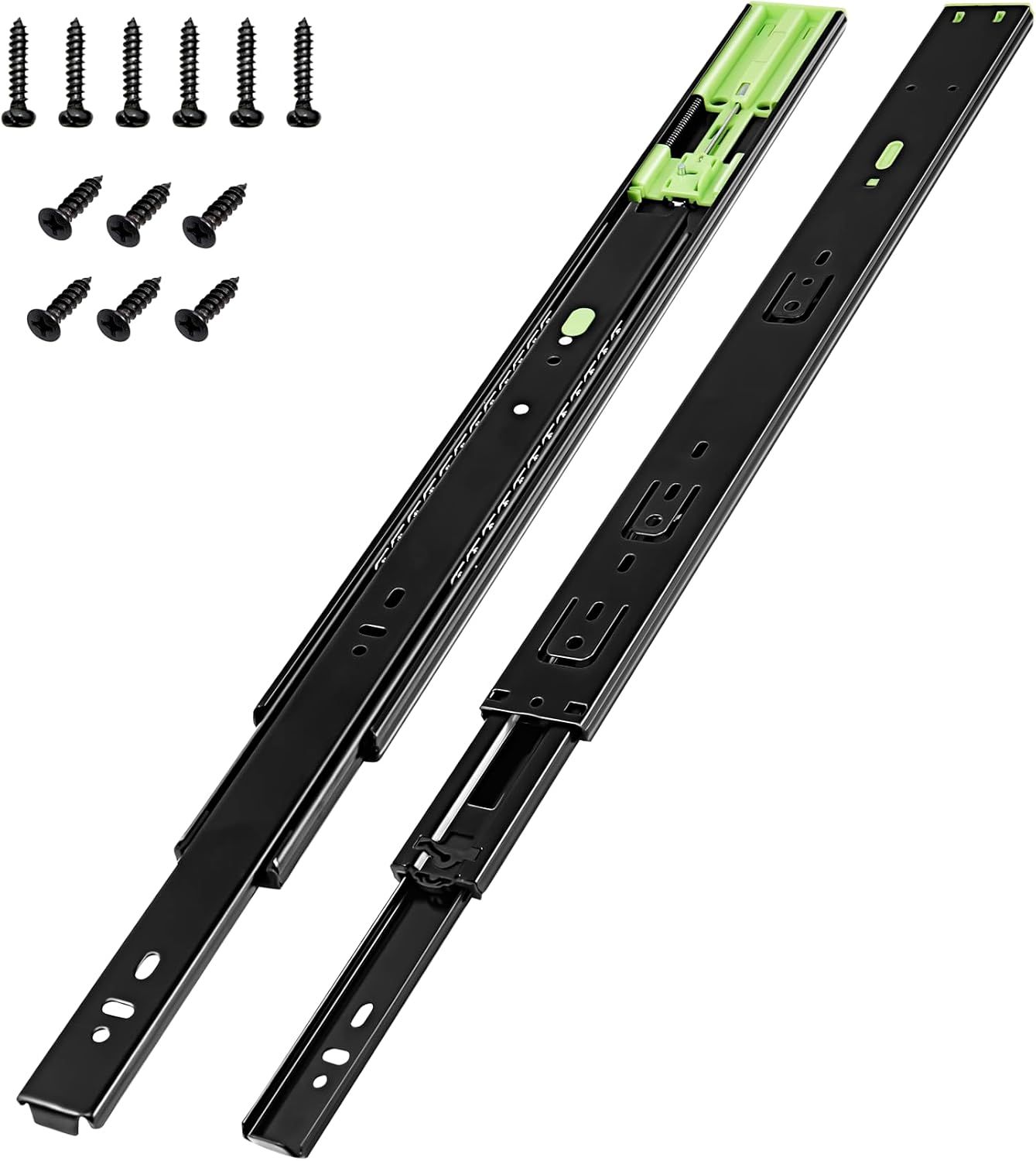 Shows the core drawer slide pair clearly so the shopper knows exactly what hardware is supplied. The included screws are visible to reassure buyers that installation hardware is provided. Shows the…