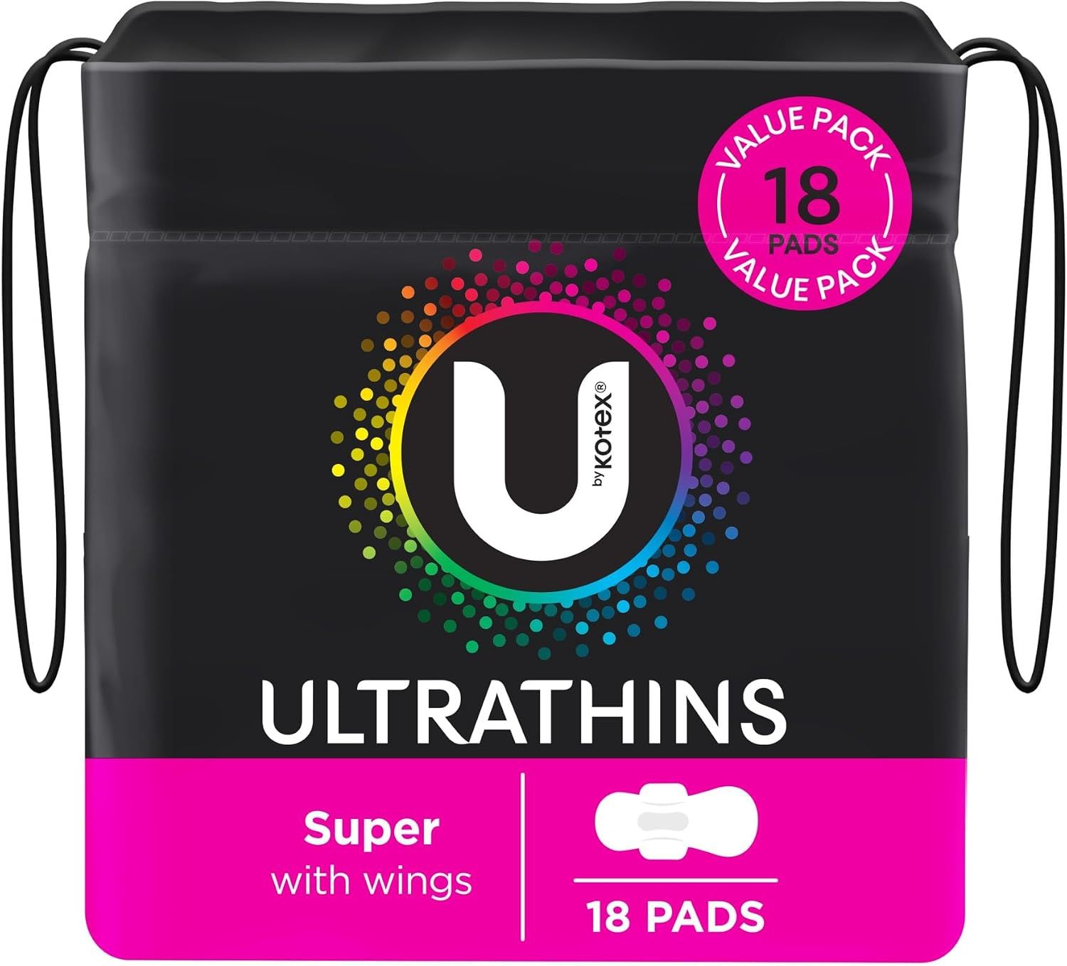 Shows the real retail pouch so the shopper sees the 18-pad value pack and Super with wings label before buying. The black packaging and pink band ground the product visually and make the brand stand…
