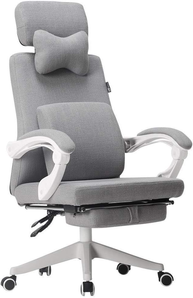 Shows the full gray fabric office chair with headrest and lumbar pillow so shoppers can see its build and supportive design. Shows the included neck pillow and retractable footrest as extras that…