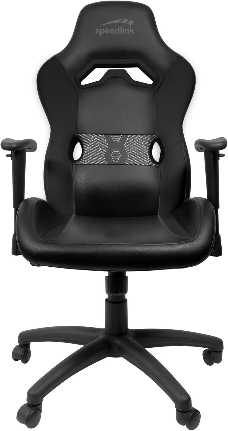 Shows the full gaming chair clearly on a white background so shoppers can see its racing-style design, padded seat, and five-star wheeled base. The subtle shadow beneath the chair grounds it…