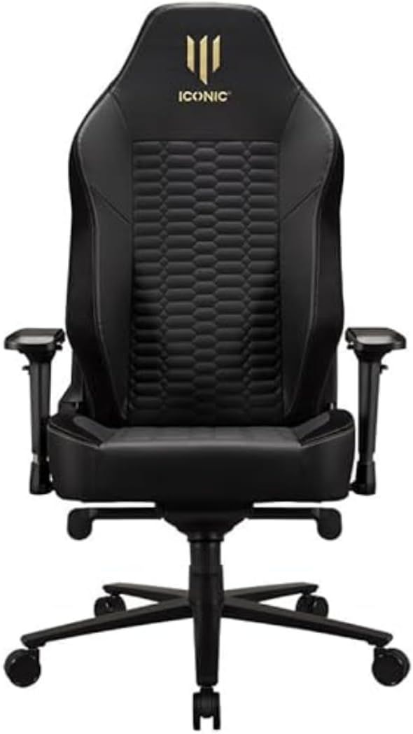 Shows the full black gaming chair on a clean background so shoppers can judge its design, build, and included adjustable arms and base. The black backdrop makes the chair stand out and gives it a…
