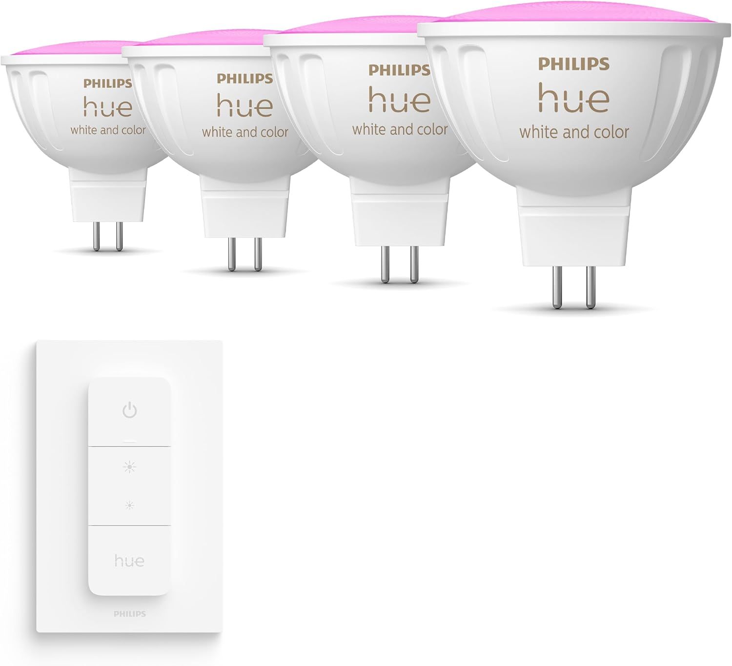 Shows the four Hue White and Color bulbs and the dimmer switch that come in the set so shoppers know exactly what they receive. Shows the included Hue dimmer switch as a companion accessory that…