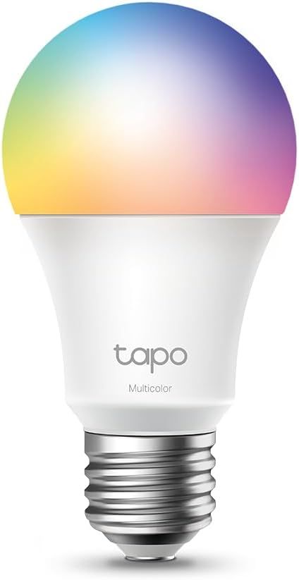 Shows the core Tapo smart bulb clearly on a clean view so shoppers can see its shape and E27 screw base. The multicolor gradient on the bulb dome showcases the color-changing capability and gives…