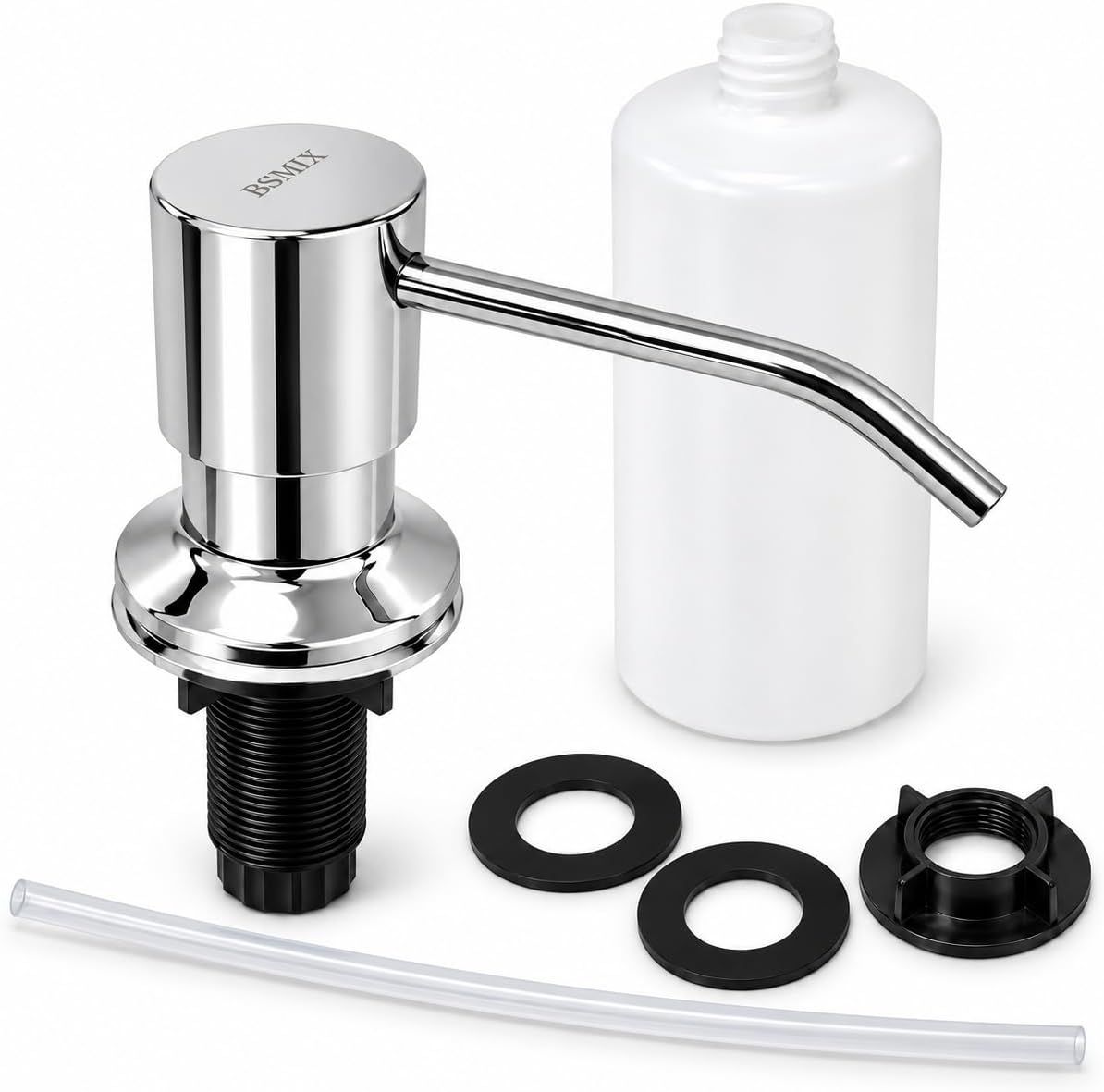 Shows the core chrome soap dispenser pump and its white refill bottle clearly on a clean white background so shoppers see exactly what they receive. Shows the included mounting washers, nut, and…