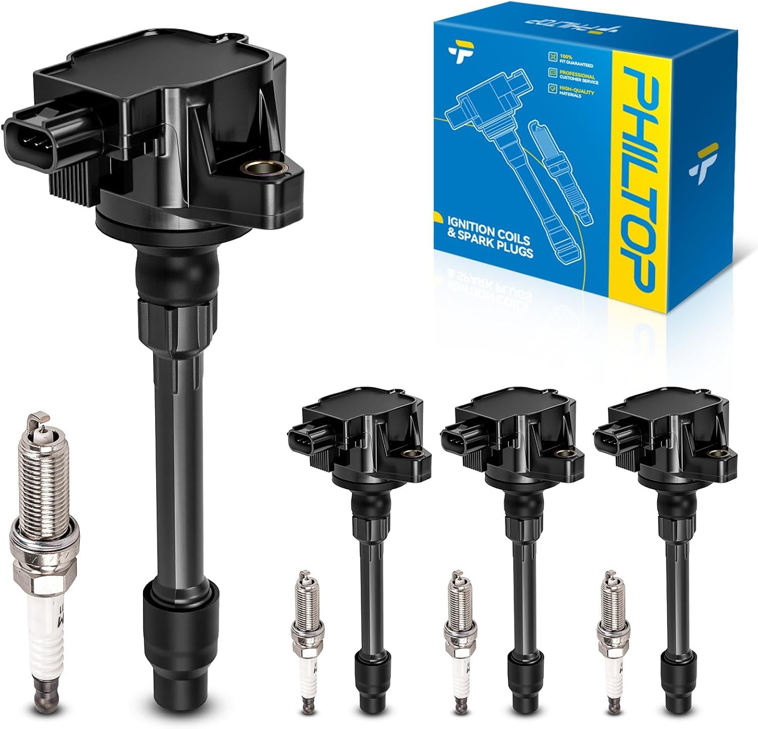 Shows the full set of four ignition coils with matching spark plugs so the buyer knows exactly what is included in the kit. Displays the branded retail box so the shopper recognizes the packaging…