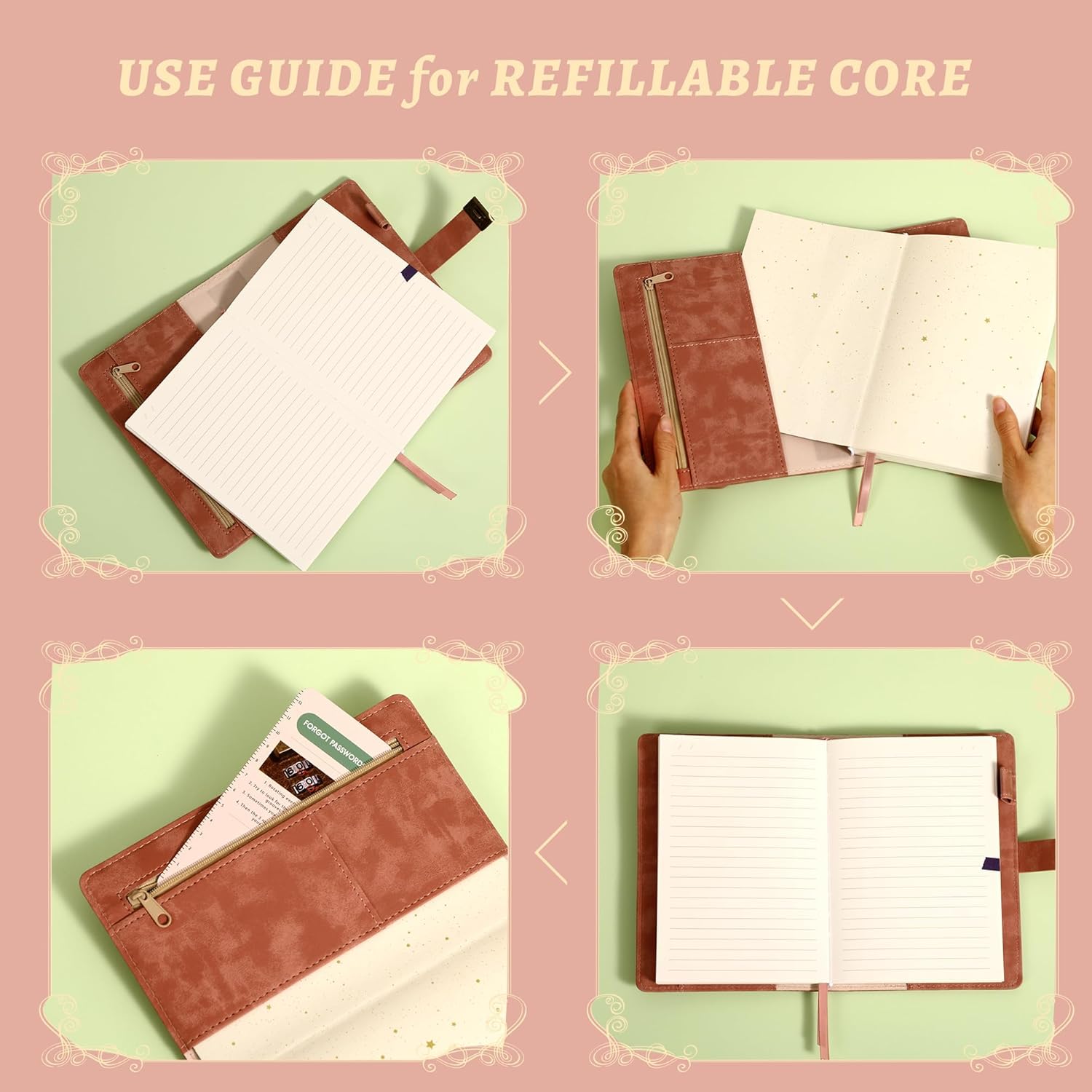 Demonstrates the steps to use and refill the core of the notebook, helping customers understand its functionality and ease of use.