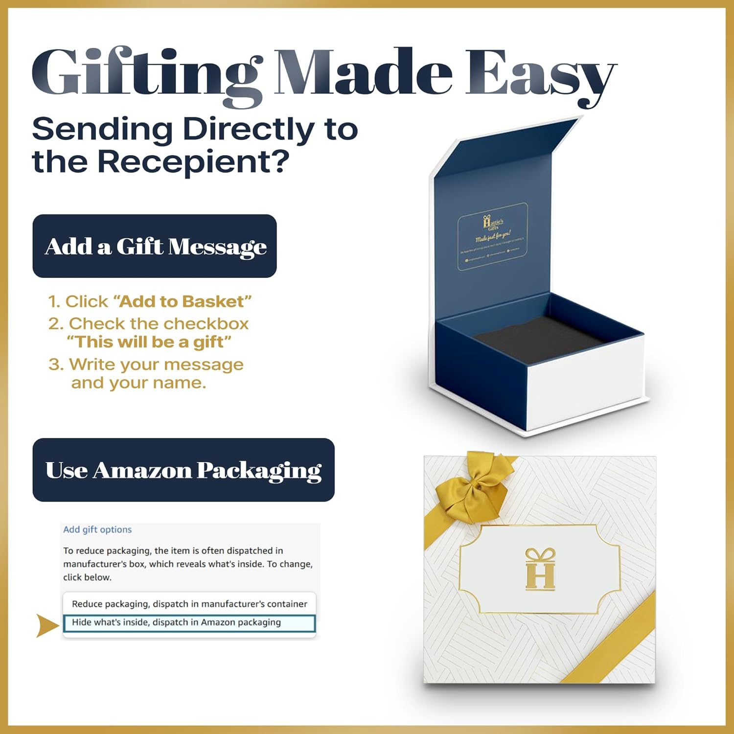 Explains the steps for adding a gift message and choosing gift packaging options when purchasing on Amazon.